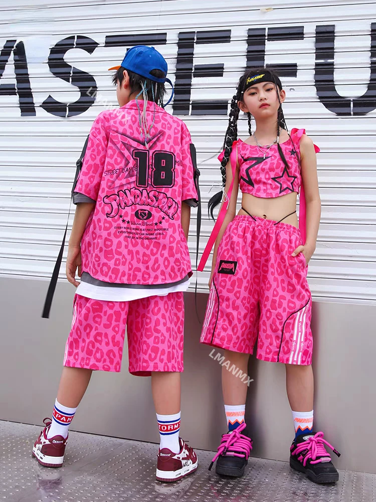 Kids Street Dance Hip Hop Clothes Boys Pink Print Shirt Shorts Girls Jazz Modern Dance Performance Costume Teenagers Casual Wear