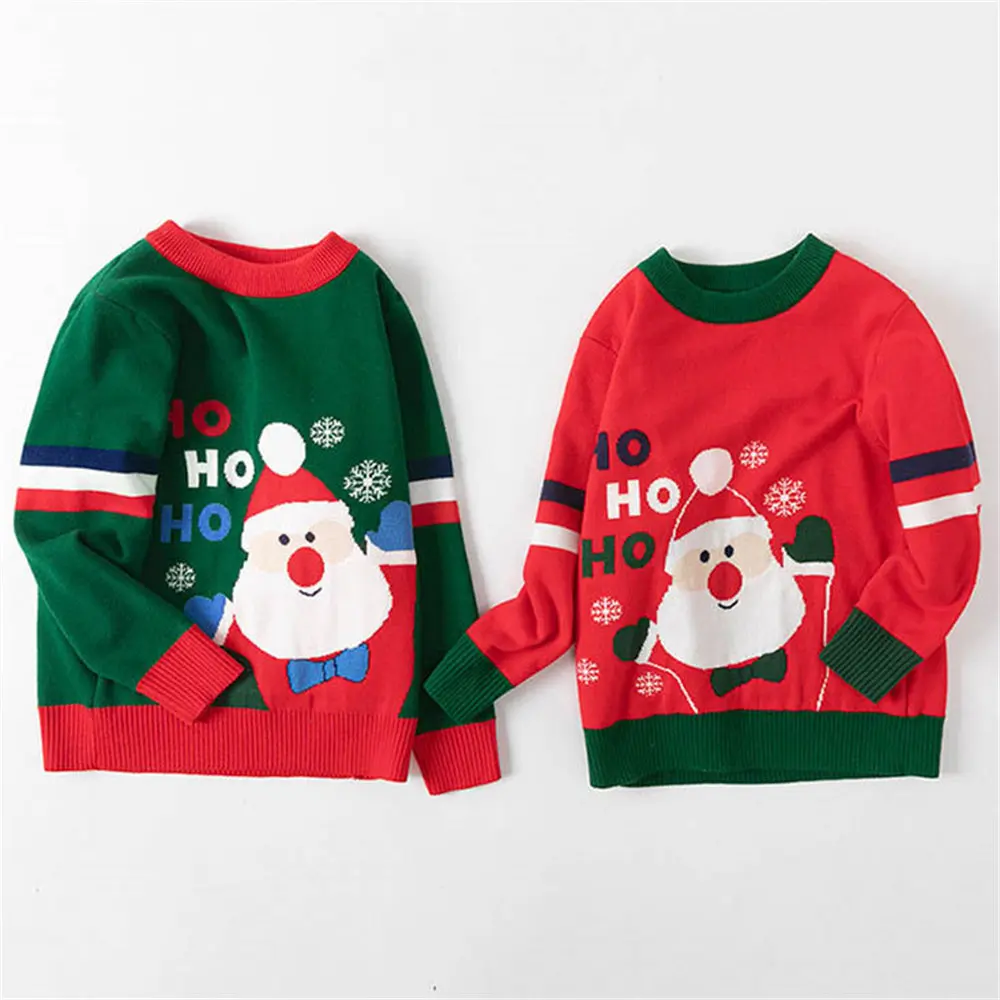 Kids Winter Chirstmas Santa Claus Knitted Sweater Red Green Toddler Unisex Kids Boys Girls Cartoon Elk Pullover Knitting Outwear