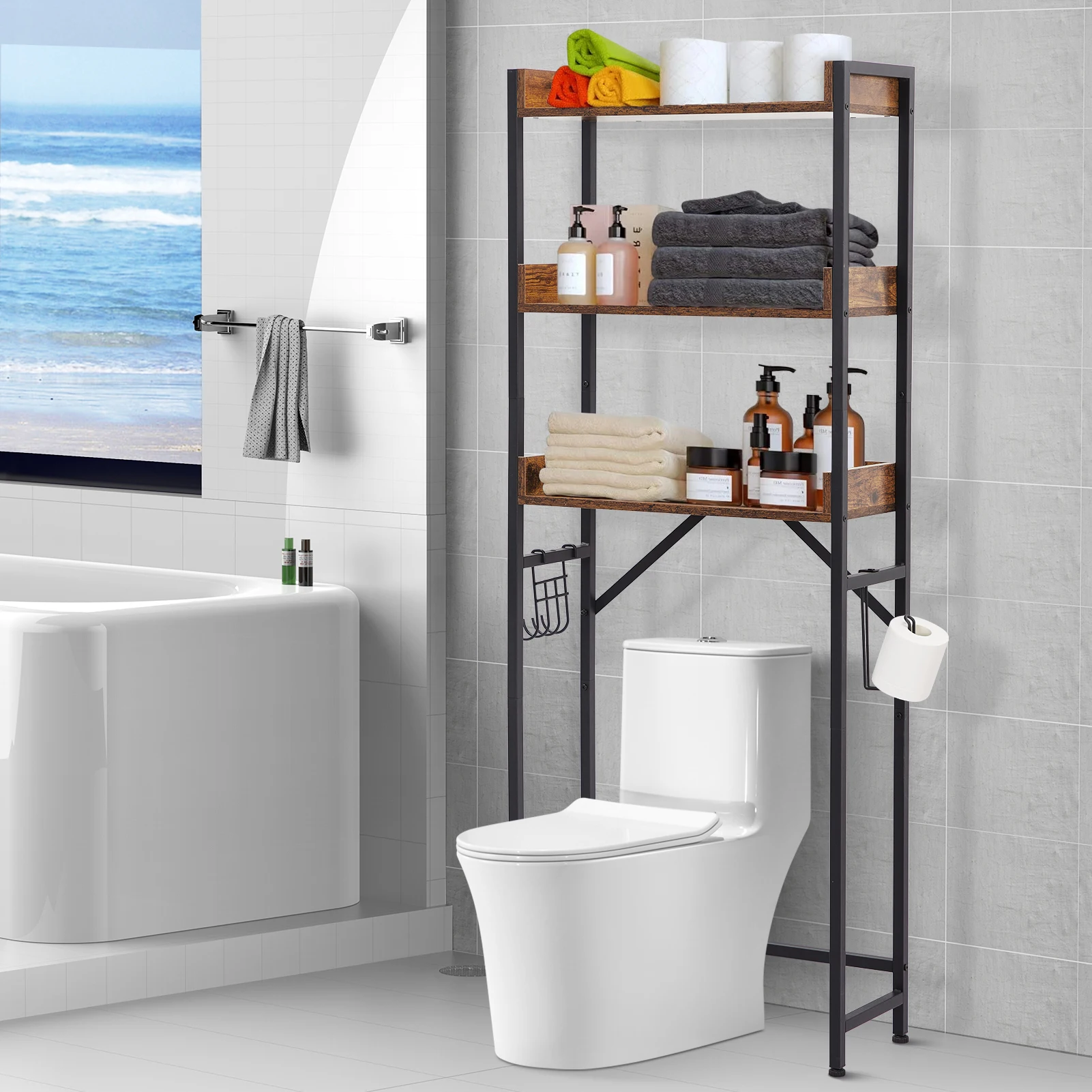 3-stufige Badezimmer-Organizer und Aufbewahrungsregale aus Metall, Toilettenregal über der Toilette, platzsparend für Badezimmer und Waschküche