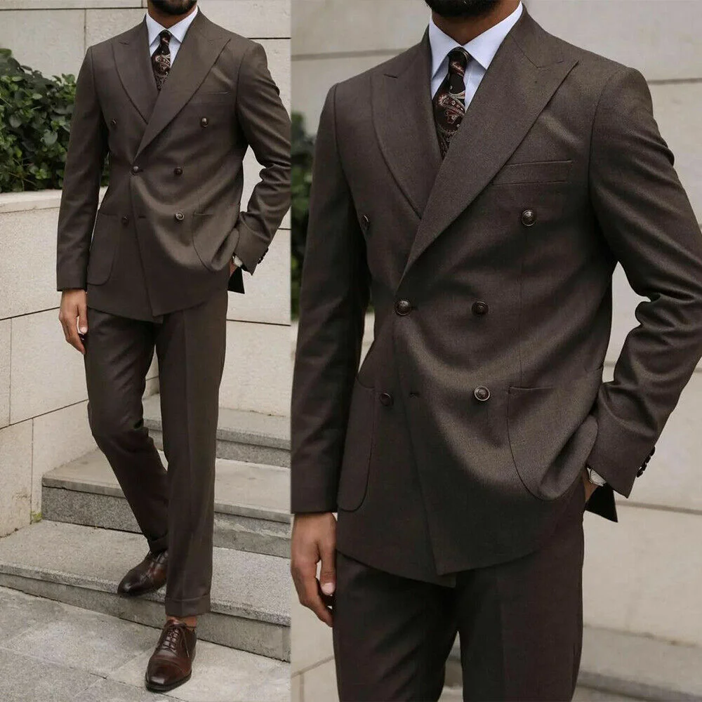 

Dark Brown Slim Fit Men Suits Doubl Breasted Peak Lapel Casual Suit Two Piece Office Work Male Sets Customized Formal Outfit