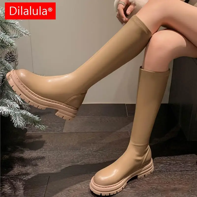 Dilalula Women Knee High Boots Autumn Winter Office Casual Outdoor Concise Fashion Thick Heels Shoes Woman Stretch Long Boots