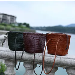 Top layer cowhide leather Hand knitting woven shoulder bag, vintage genuine leather, vegetable basket travel beach tote bag