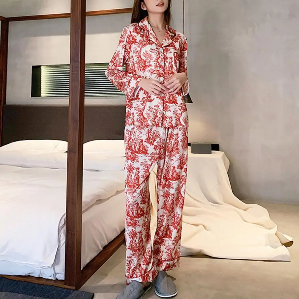 Two-piece Loungewear Set Women Suit Floral Print Women's Pajama Set Stylish Single-breasted Homewear with Loose for Spring/fall