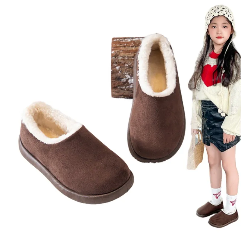 

Повседневная хлопковая обувь для девочек, зима 2024, новая детская обувь на одну ногу, туфли-бобы с плюшевыми теплыми зимними меховыми туфлями цвета хаки 26