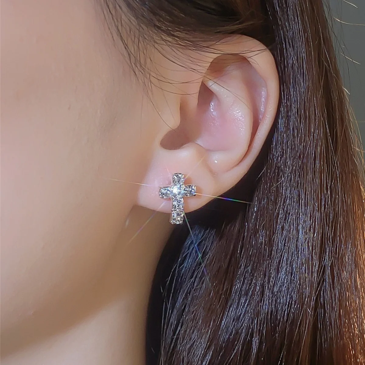New Full Rhinestone Cross Stud Earrings Long Tassel Earrings for Women Bridal Drop Dangling Earrings Party Wedding Jewelry Gifts