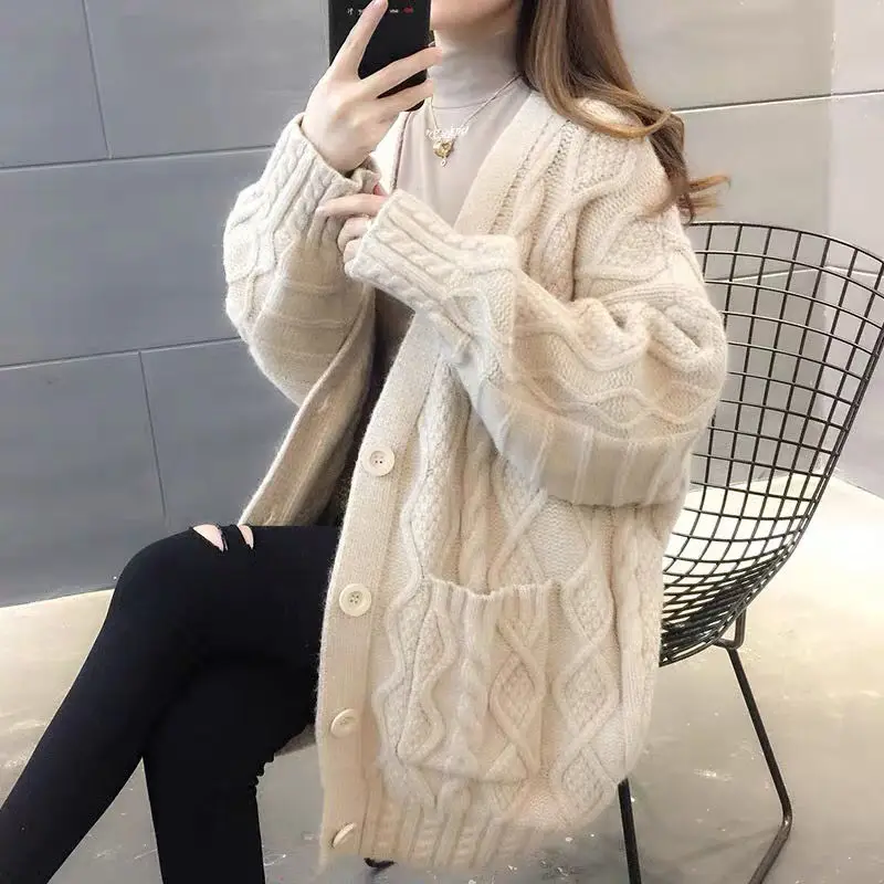 

Spring Autumn New Mid-length Cardigan Sweater Women's Mid-length Loose and Lazy Style Thickened Knitted Sweater Coat