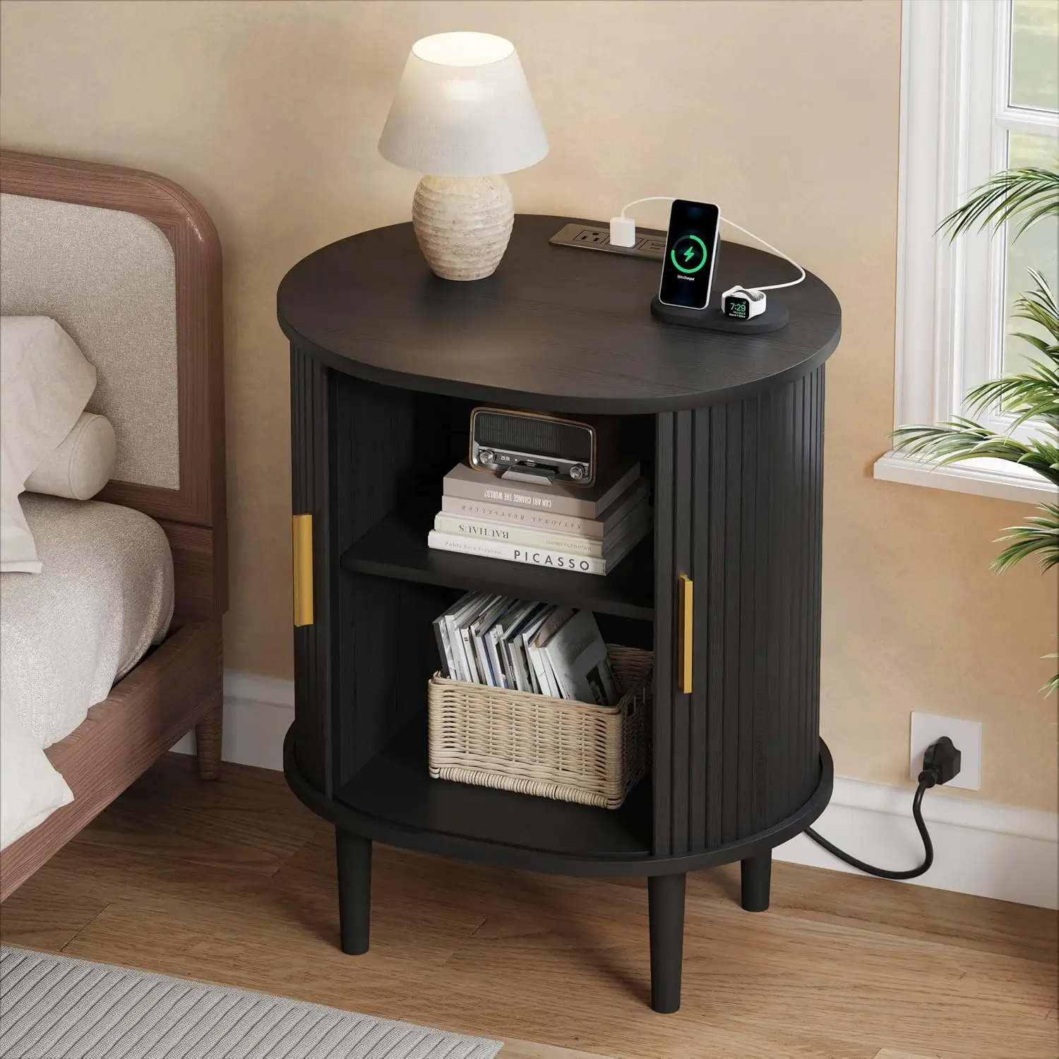Mid Century Modern Nightstand with Charging Station, Fluted Accent Side Table with Sliding Door & Adjustable Shelf, Customized