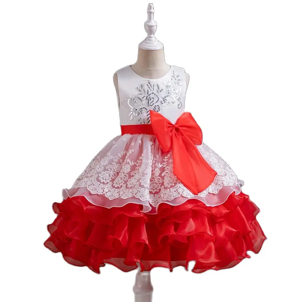 939 Cute red bow girl multi-layer cake princess Dress suitable for casual wear on Children\'s Day outings