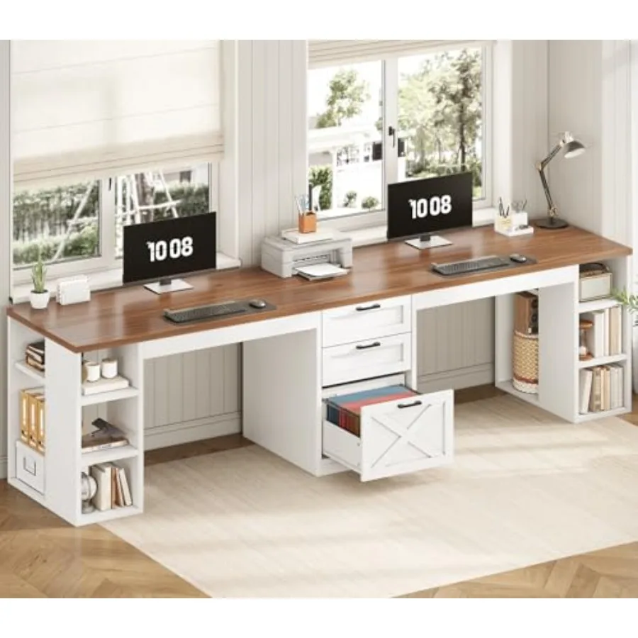 Farmhouse 96.5 2 Person Computer Desk with Storage Drawers: home office use, solid wood, white, spacious drawers and cable mana