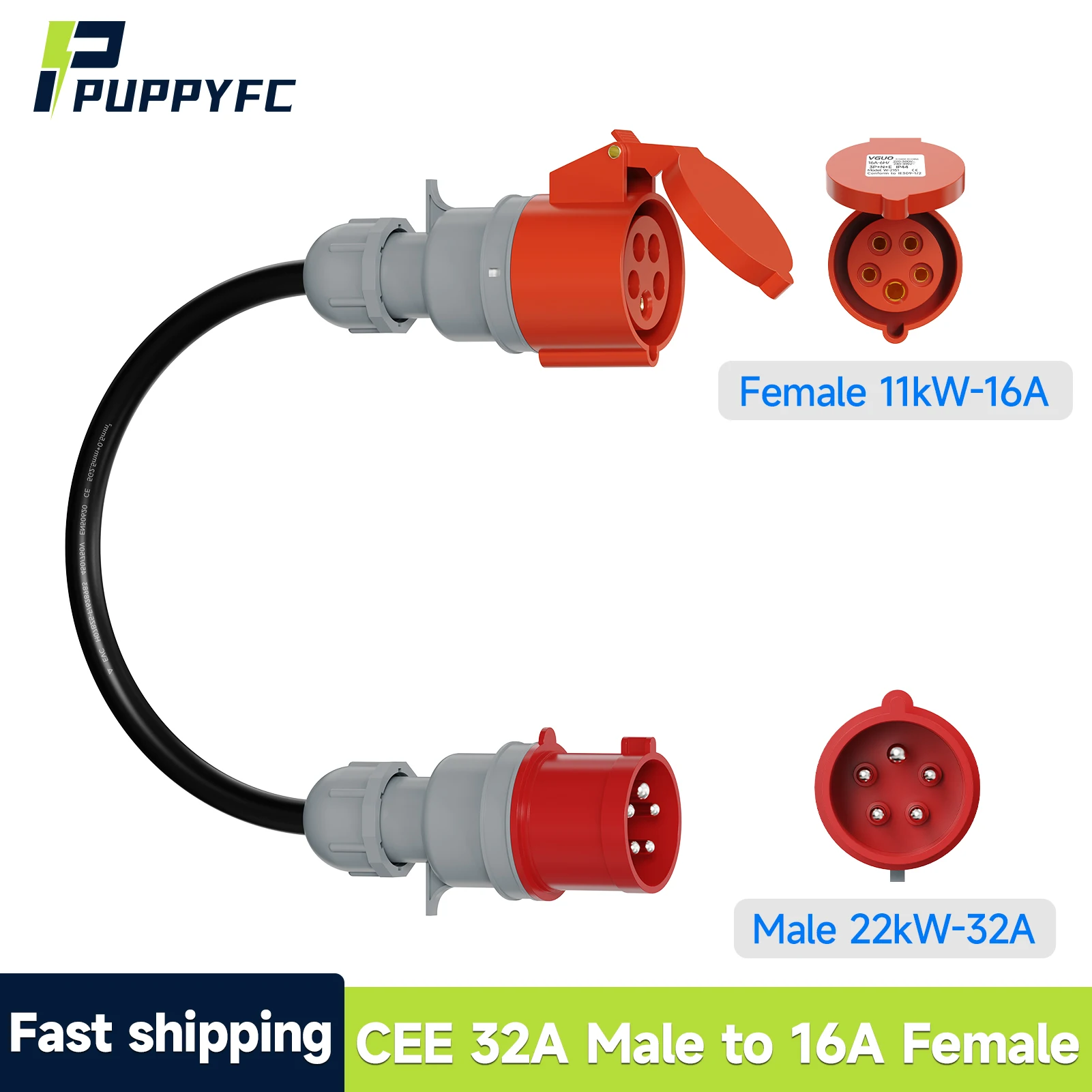 Puppyfc EV Charger Adapter 22kW to 11kW 32A to 16A CEE 5Pin Male to Female Socket Extension Cable for Electric Vehicle