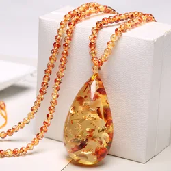 Natural Amber Necklace Women Healing Gemstone Fine Jewelry Genuine Baltic Amber Flower Water Droplet Pendant Necklaces