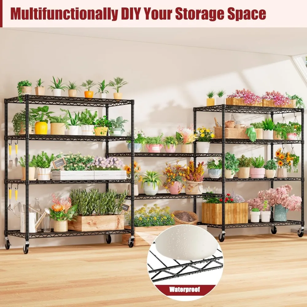 أرفف تخزين سلكية شديدة التحمل مقاس 48 بوصة عرض × 24 بوصة عمق × 81 بوصة ارتفاع مع عجلات، وحدة رفوف جراج قابلة للتعديل مكونة من 5 طبقات، ميت دوار #6