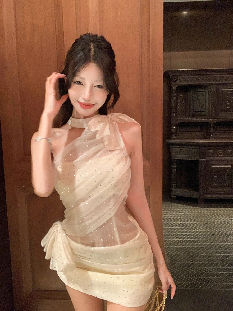 실버 폴카 도트 넥 라인 나비 매듭 드레스 허리 컷 아웃 디자인 여름 새 스타일 여성 패션 통근 한국어 버전 짧은 치마