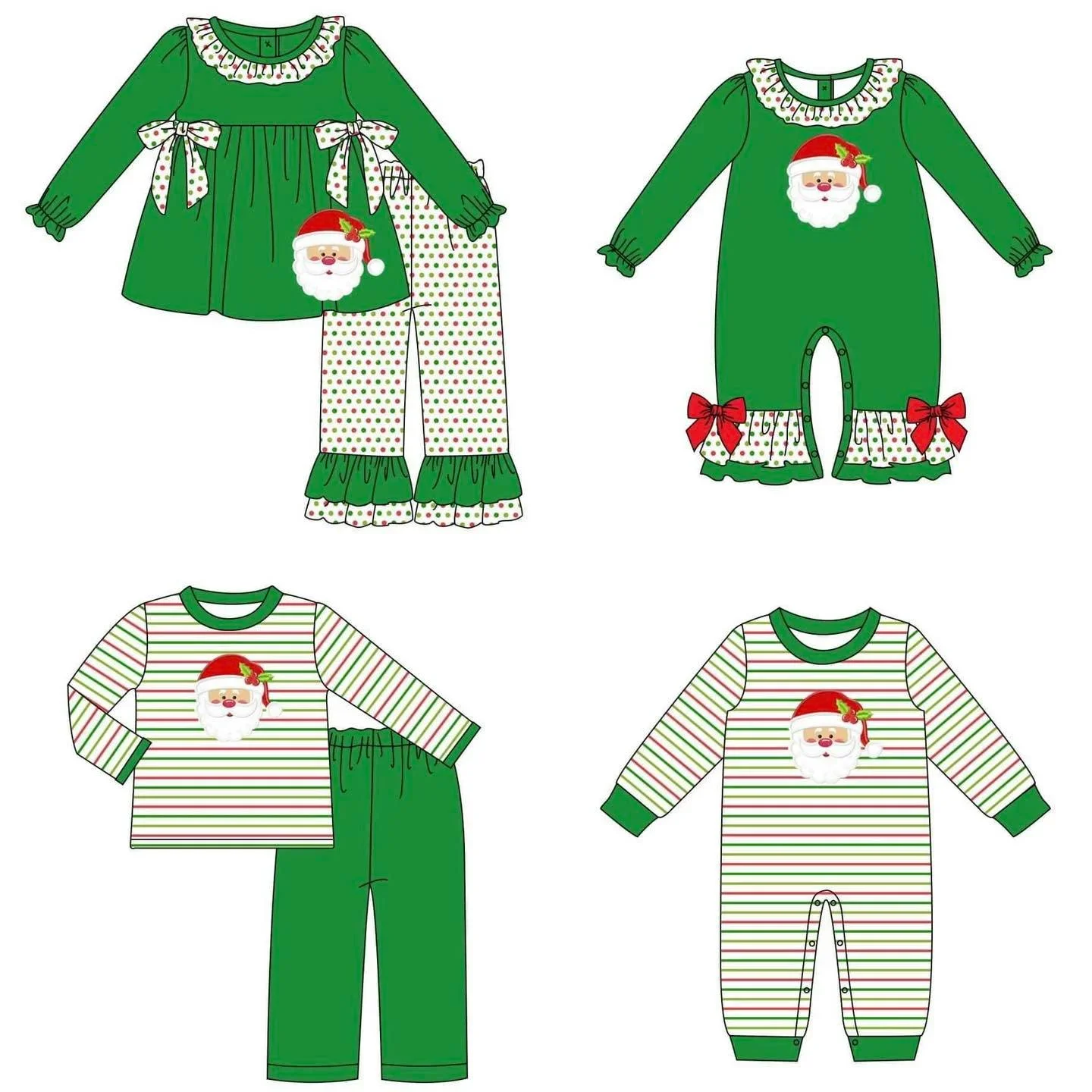 New Arrival Hot Selling Christmas Clothes Set Green Jumpsuit Christmas Ah Lok People Print Boys Girls Matching Holiday Outfits