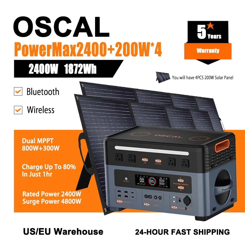 

Электростанция OSCAL 1872 Втч, функция быстрой зарядки ИБП, уличный генератор 2400 Вт, оснащенная солнечной панелью мощностью 200 Вт, костюм из 4 предметов для поездки