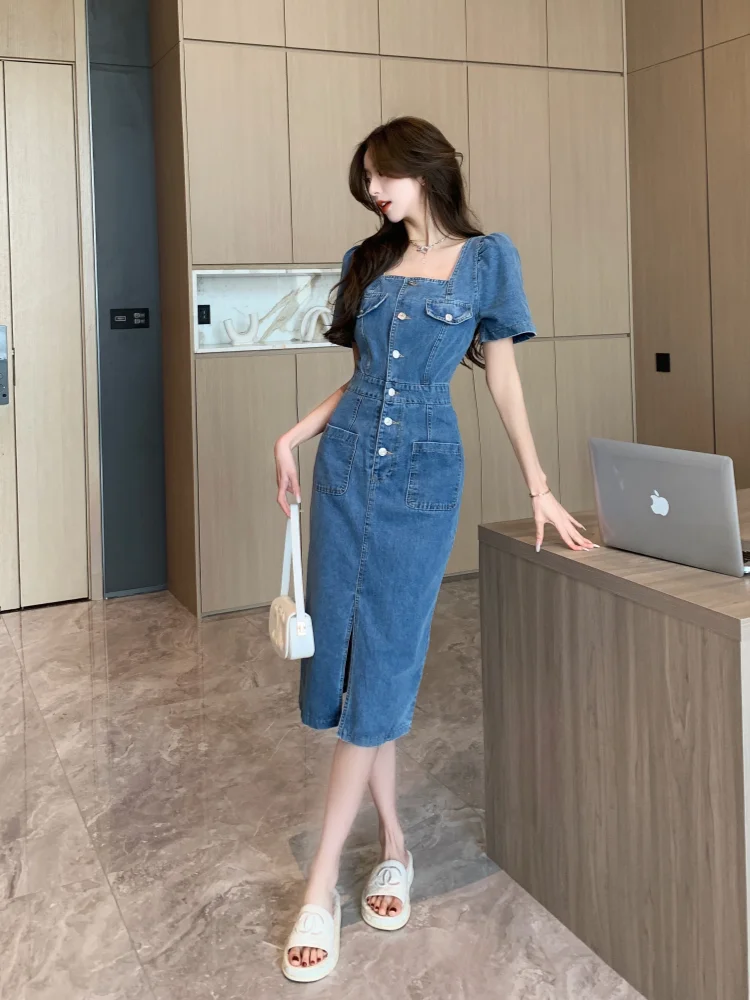 2024 New High Waist Square Collar French Vintage Denim Dresses for Women Blue Elegant Single Breasted Slim Vestidos Fashion Dre
