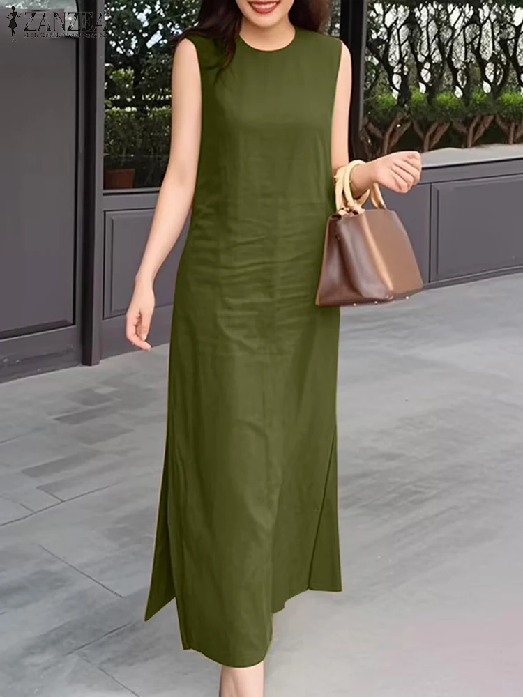 ZANZEA 민소매 사이드 슬릿 맥시 드레스 통근 솔리드 오 넥 2025 여름 패션 긴 가운 Femme 여성 캐주얼 탱크 Vestidos
