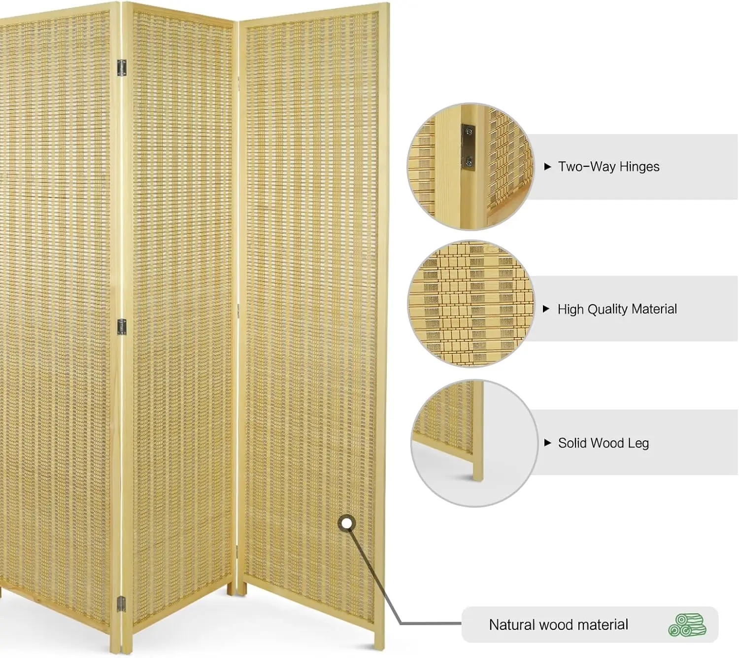 Room Divider 4 Panel Woven Bamboo Screen, Room Divider and Folding Privacy Screens, Freestanding Hand-Woven Room Partitions