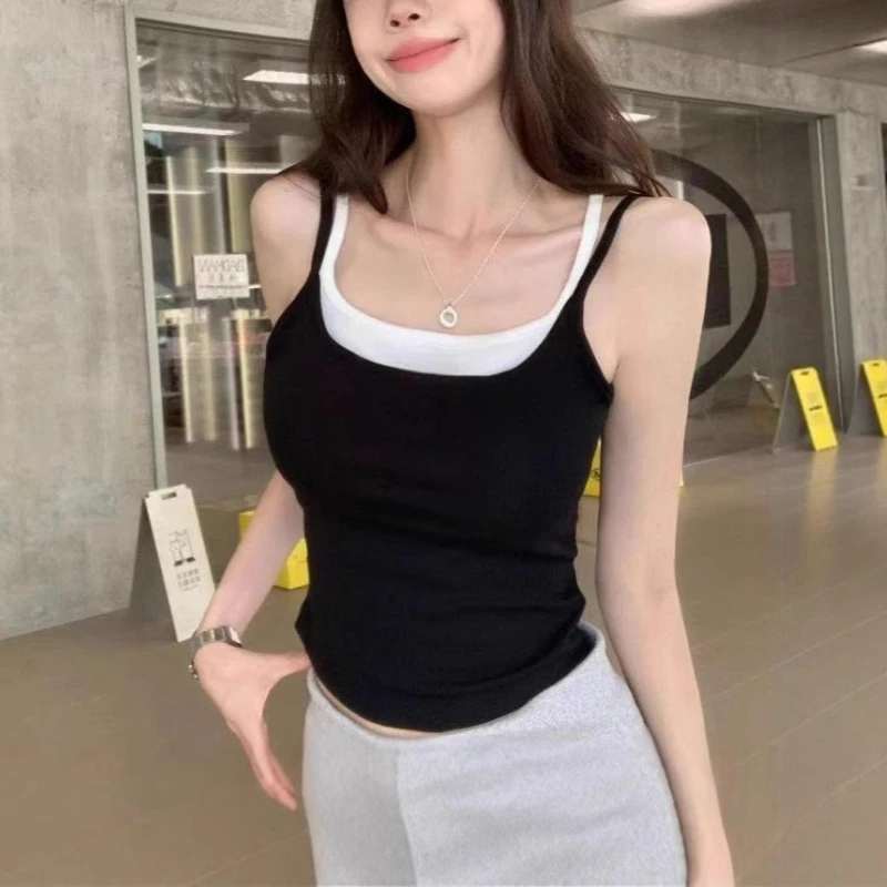 Sexy Vest Fake Two-piece Butterfly Bow Hollow Back Suspender Fixed Cup Splicing Contrasting Vest for Women