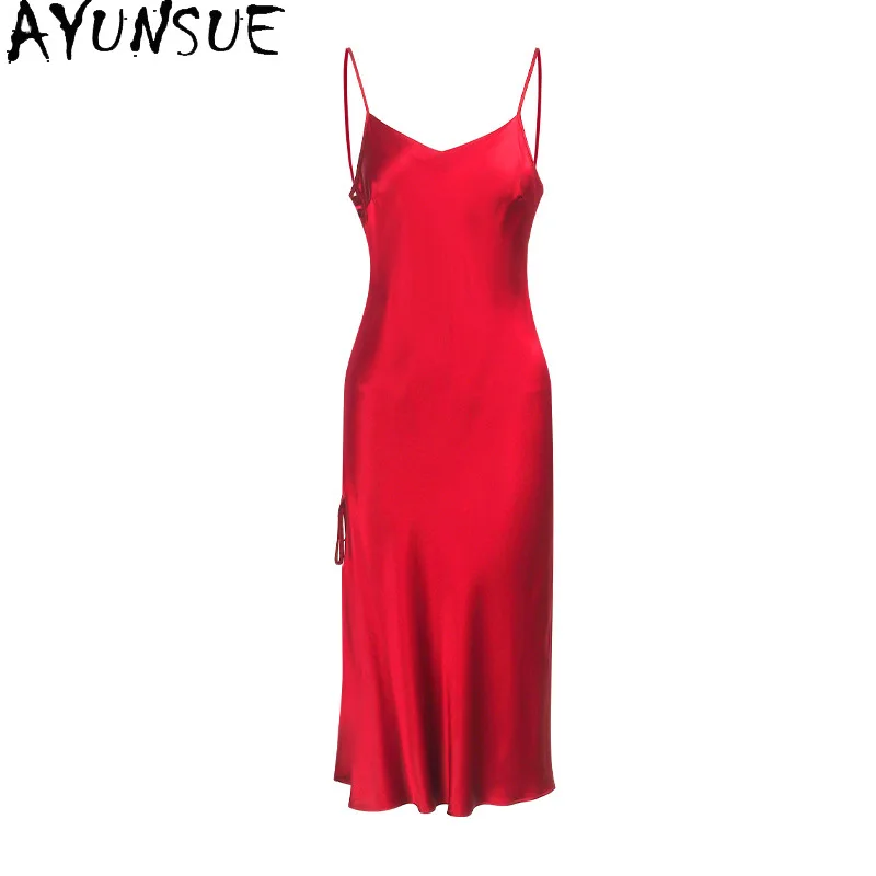 AYUNSUE 19Mm 100% Mulberry Silk Pajama Sexy Sleepwear Night Dress for Women Summer Clothes Sling Split Dresses Woman Пижама