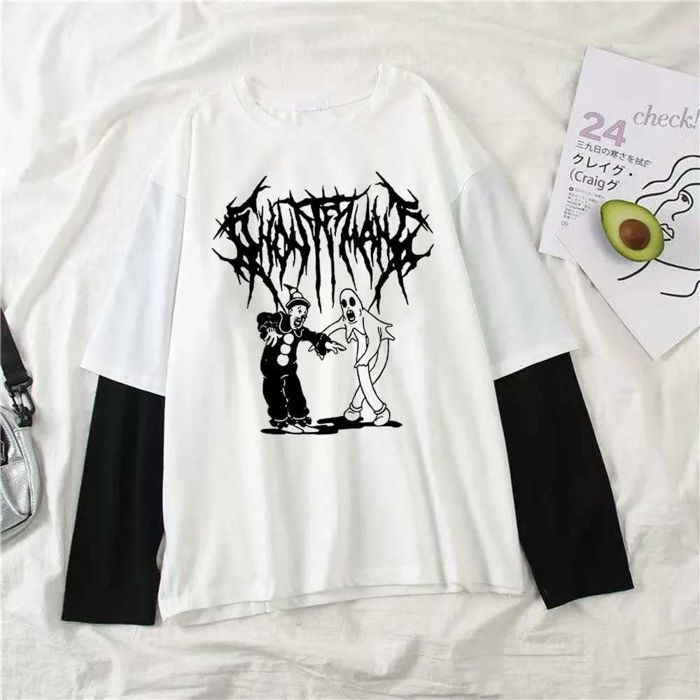 Damen Gothic Y2K Muster-Print Fake Two Langarm-T-Shirts Mode Retro Lässig Locker Hip Hop Fake Two Langarm-T-Shirt – Detail 3