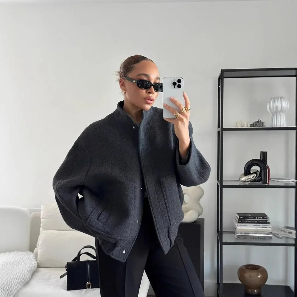 

Fashionable and hot-selling spring and autumn women's tops versatile casual pilot jacket stand collar concealed button coat