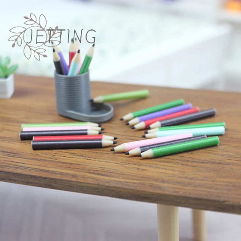 حار 1 مجموعة 1:12 دمية حامل قلم مصغر + 6 أقلام رصاص ملونة مجموعة دمية ديكور المنزل التظاهر اللعب دمية القرطاسية لعبة #1