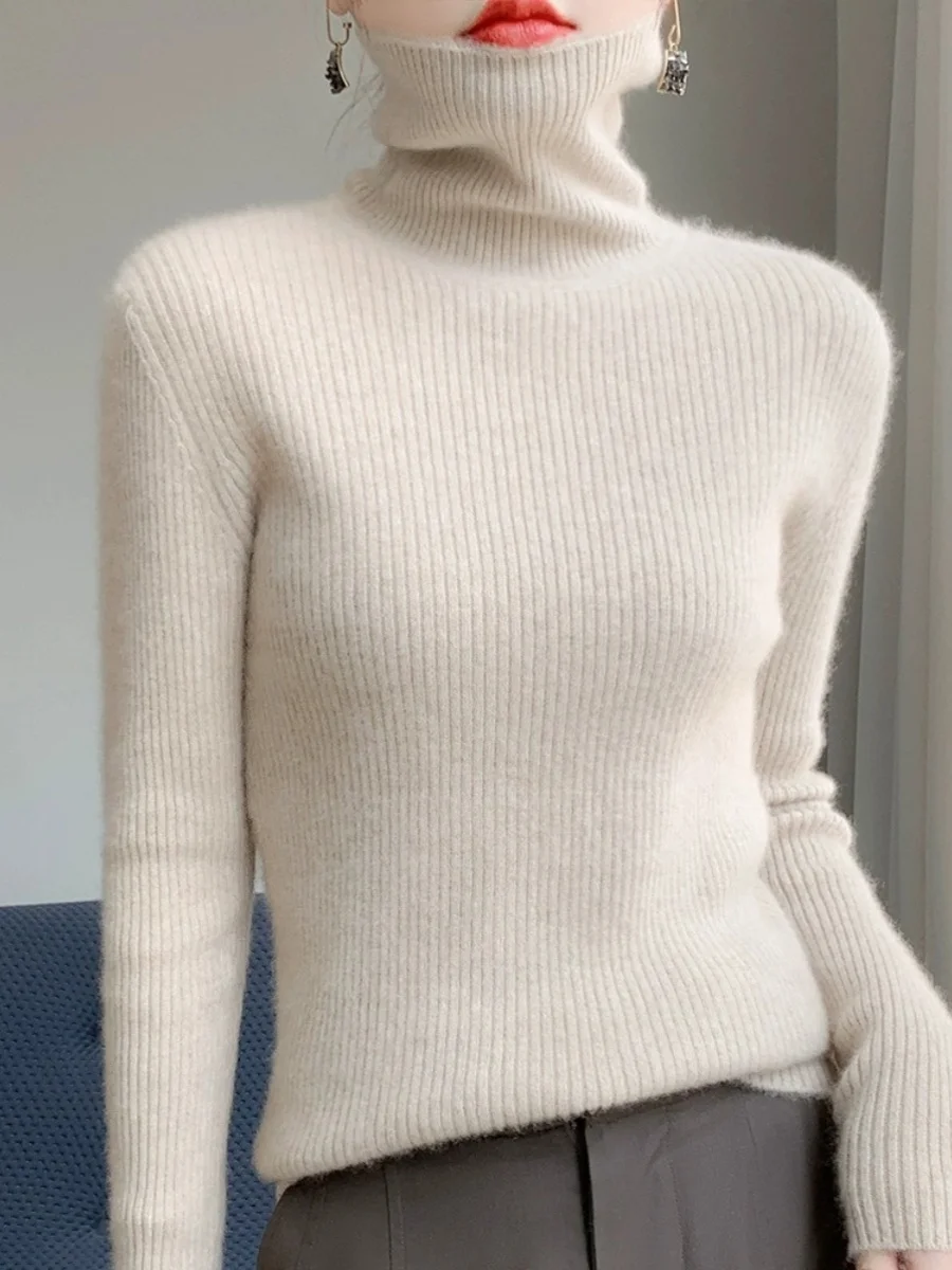 여성용 티엔드 하이 칼라 니트 스웨터 울 타이트 핏 가을 겨울 신상 슬림 베이스 이너웨어 탑