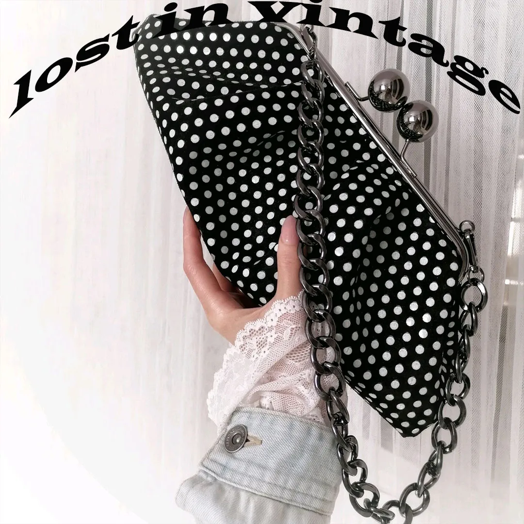 Lost in Vintage Polka Dot Kiss Lock Purse Retro Rockabilly Shoulder Bag Super Big Ball Kiss Lock Clutch Sliver Frame Purse