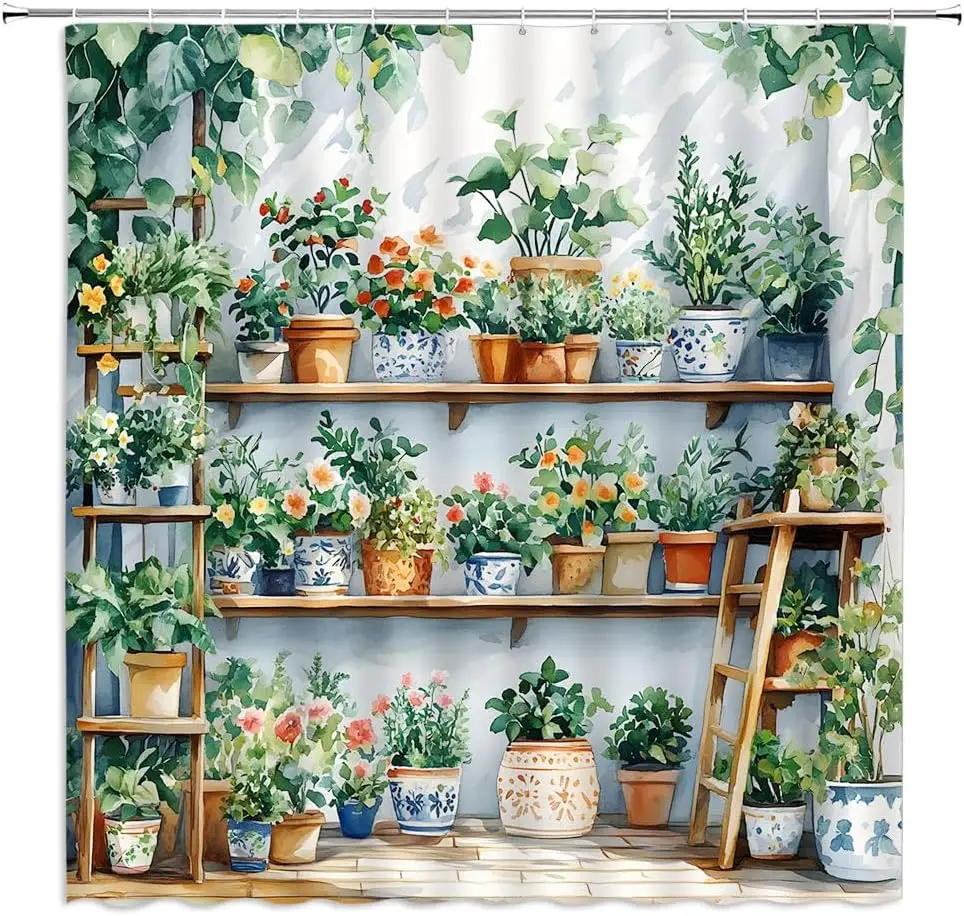 Potted Plant Shower Curtain Boho Cactus Green Botanical Rustic Tropical Leaves Watecolor Floral Succulent Spring Garden Modern