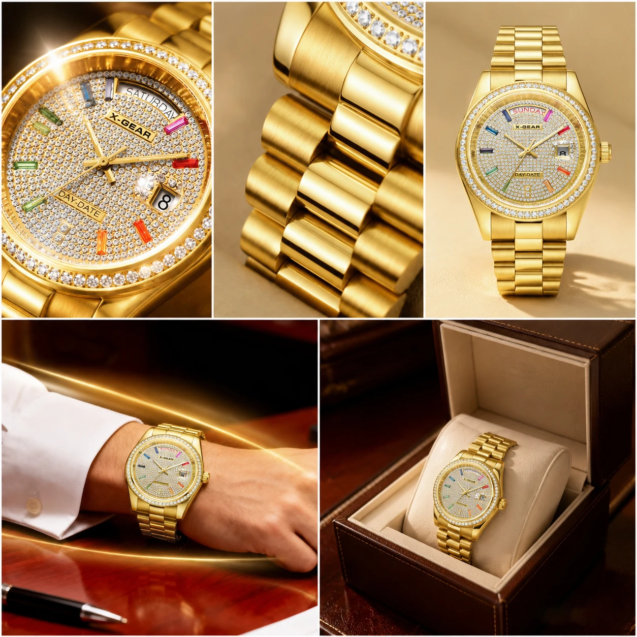 Men's Luxury Diamond Watch Full Dial Diamond Bezel Mechanical Luminous Date & Week Display Stainless Steel Case Strap