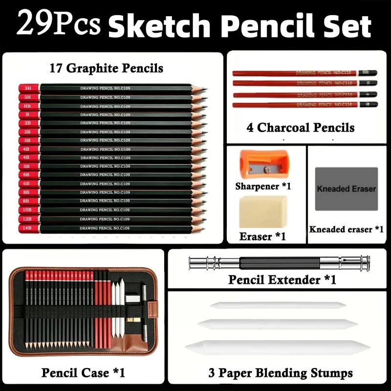29Pcs Drawing Pencil Set Professional Sketching Kit with Portable Pencil Case Charcoal Pencils Blending Tools Art Supplies