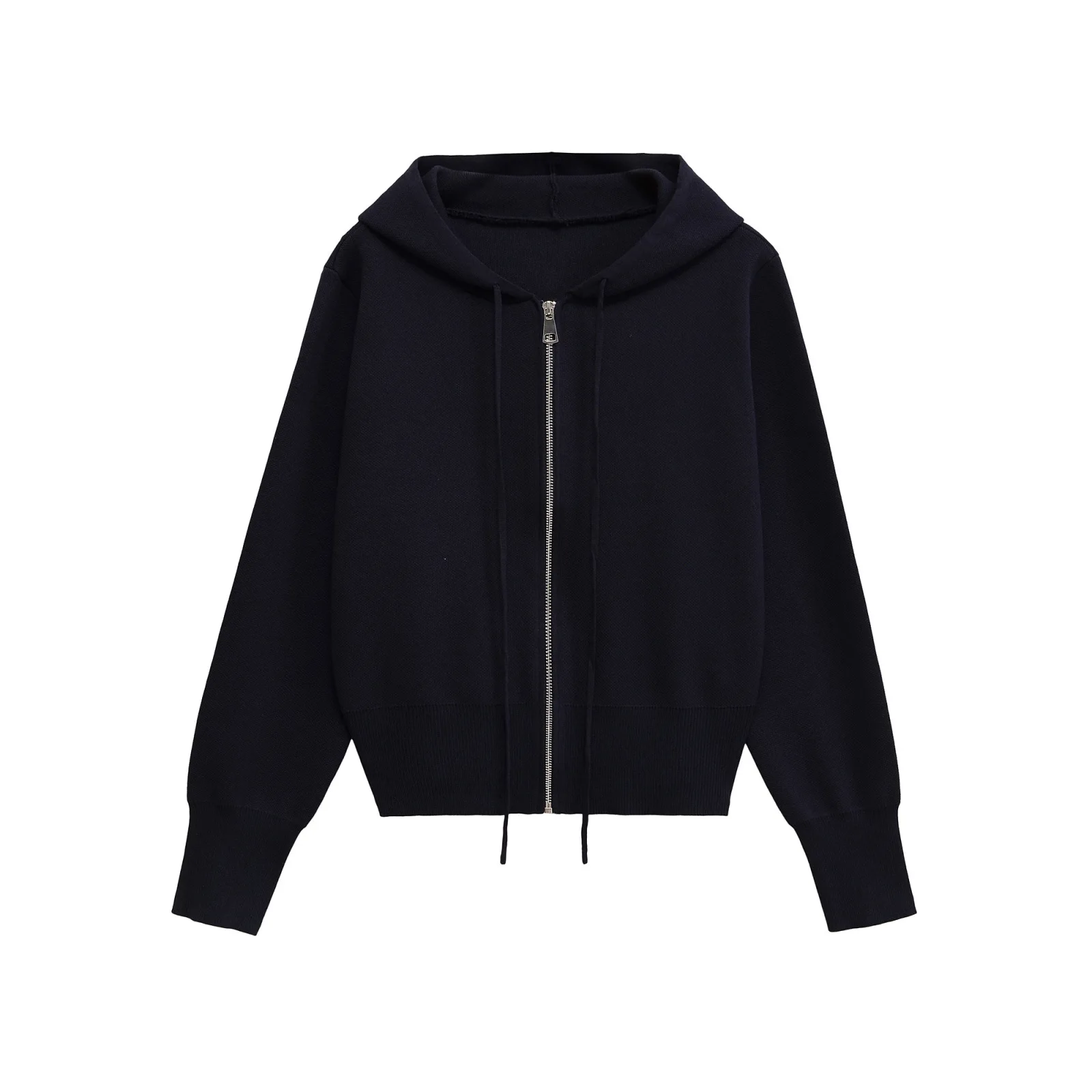 

ZBZA Woman's Knitted Hooded Cardigan Lace-up Loose Crew Neck Long Sleeve Zipper Elasticated Hem Solid Cropped Jacket Autumn Coat