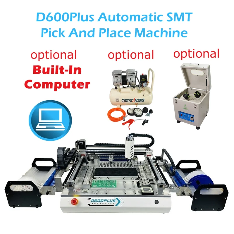 D600Plus 6 Heads 68 Bits Desktop Full Automatic SMT Pick And Place Machine Chip Mounter With Air Compressor And Solder Paste