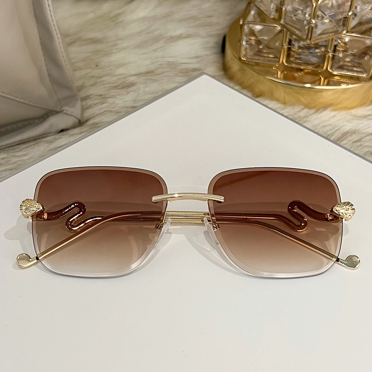 UV400 Large Square Fashion Sunglasses for Women Simple Stylish Design with Decorative Arms Personalized Daily Wear
