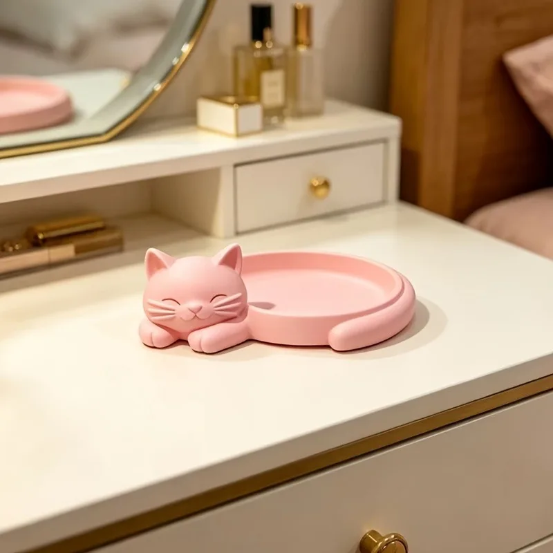 Cute Cat Design Pink Desktop Tray Earring Ring Lipstick Sundries Classification Storage Holder