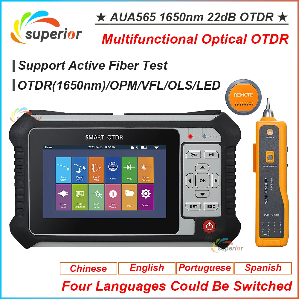 

AUA565 OTDR 1650nm 22dB APC/UPC Fiber Optic Reflectometer Touch Screen VFL OLS OPM Event Map Ethernet Cable Tester 4 Language