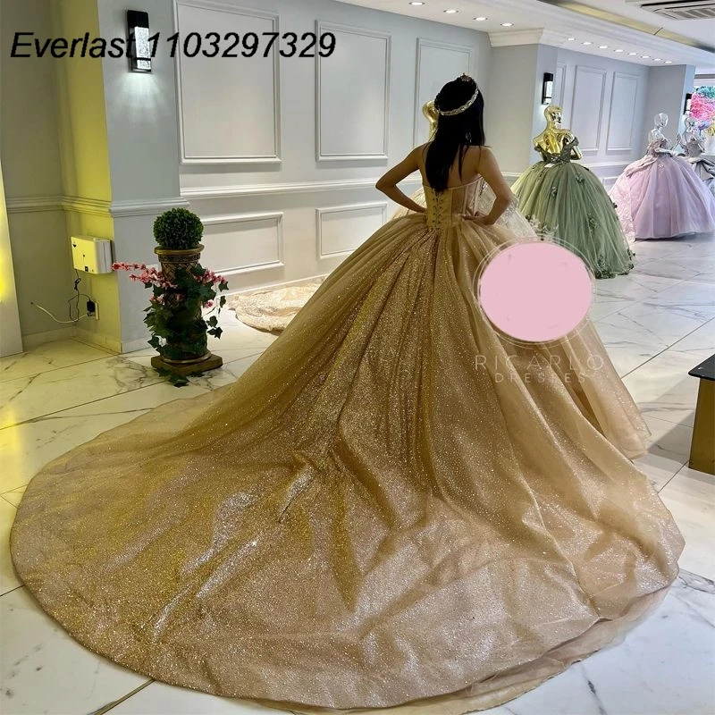 EVLAST-Vestido Glitter Champagne Quinceanera, Vestido de baile, Cristais Beading Applique, Espartilho Pura, Sweet 16, 15 Anos, TQD514