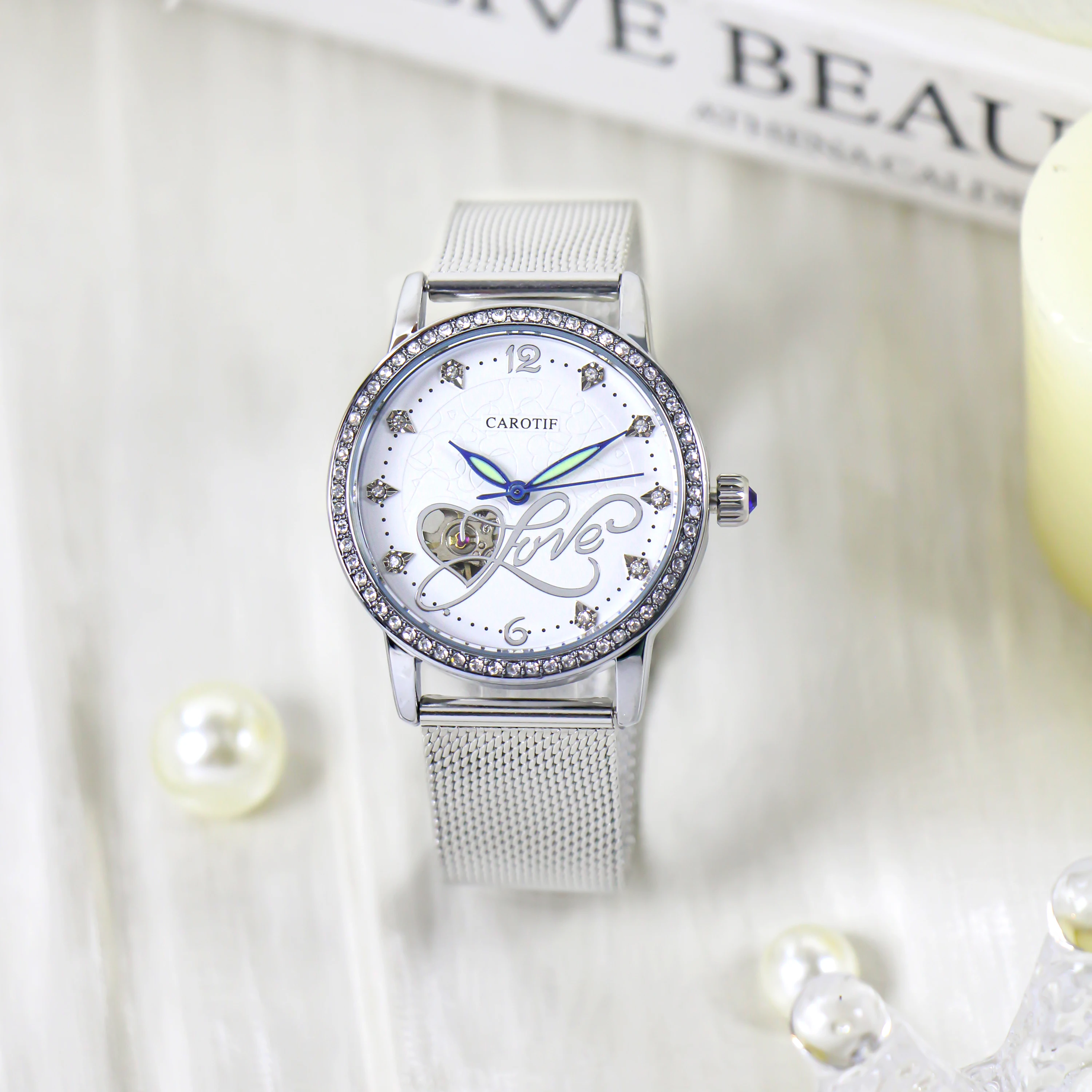 

Женские серебряные сетчатые ремешки, модные элегантные сердечки, изысканные резные полностью автоматические механические часы