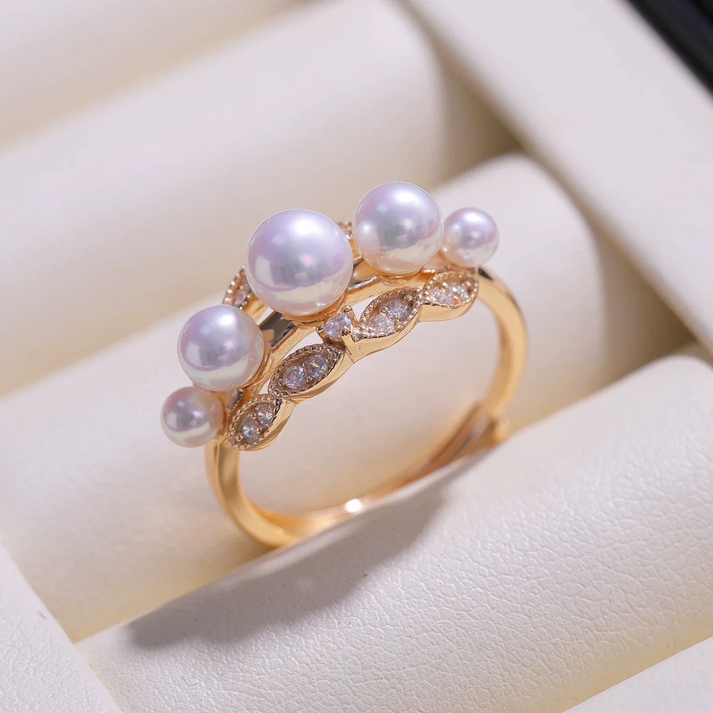 90 925 sterling silver trendy multi-bead leaf ring with adjustable ring base, pearl ring base, and empty base