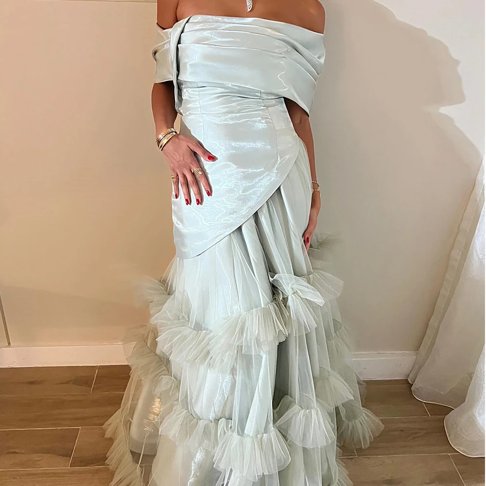

Exquisite Off the Shoulder Satin Evening Dresses Temperament Straight Floor Length Strapless Short Sleeves Vestidos De Fiesta
