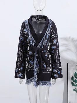 Vintage Tassel Print Cardigan 2 Vintage Tassels Print Women's Print Cardigan V-Neck Lace Up Full Sleeve Spliced Sweaters 2025 Autumn Lady All-match Kintwears 2