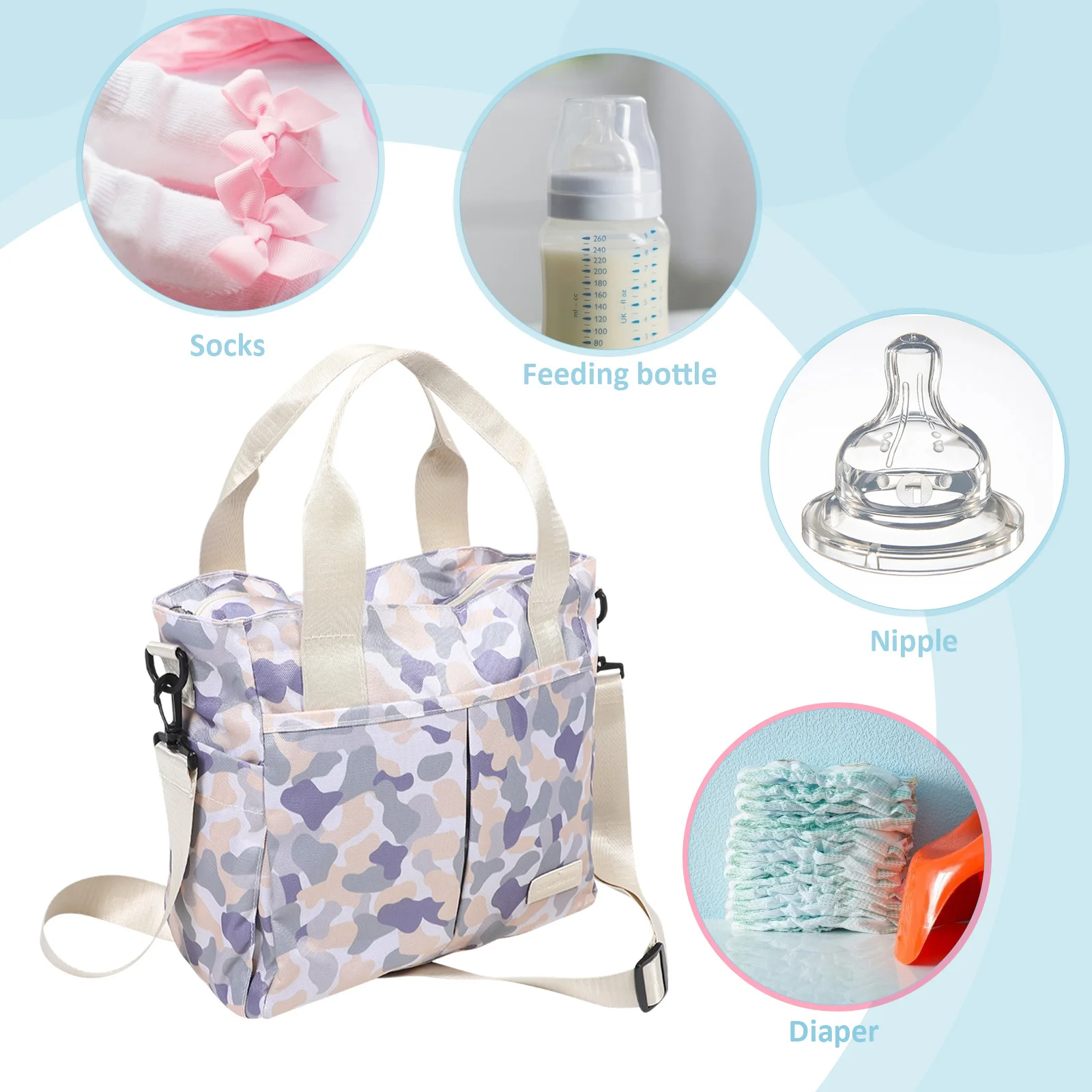 Borsa tote per mamma Borsa per pannolini per bambini multifunzione leggera di grande capacità Borsa per ospedale da viaggio con separazione asciutto e bagnato