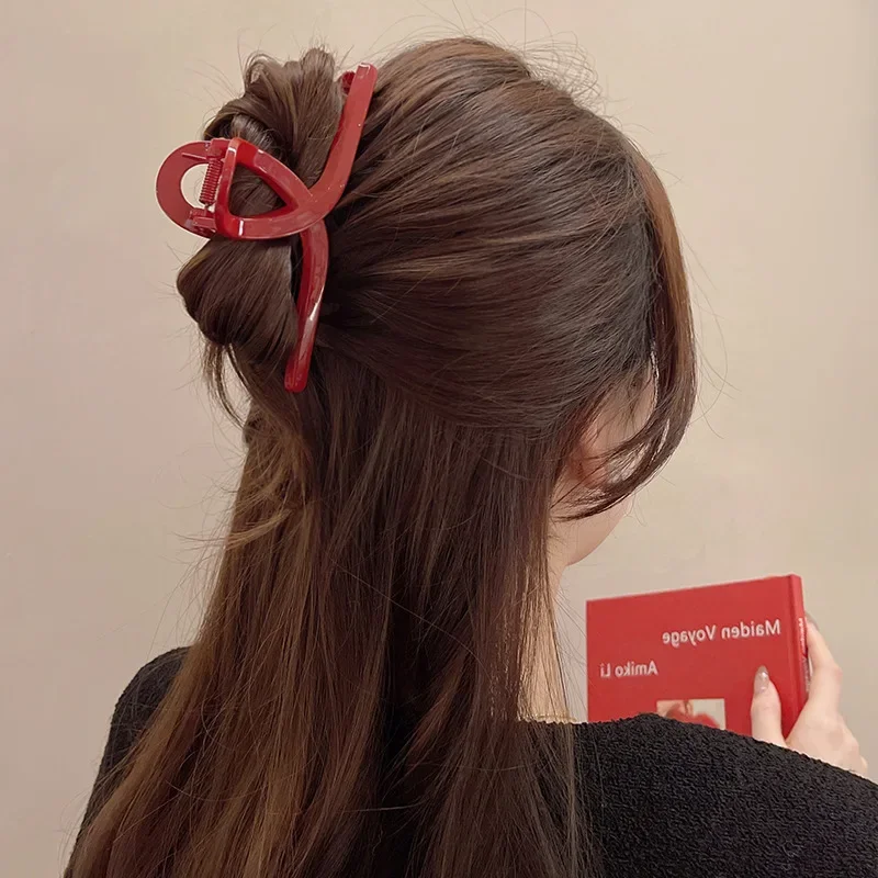 

3PCS Red Hair Claw for Women French Style Large Size Geometric Shark Clip Crab Barrettes Female Hair Accessories Headwear