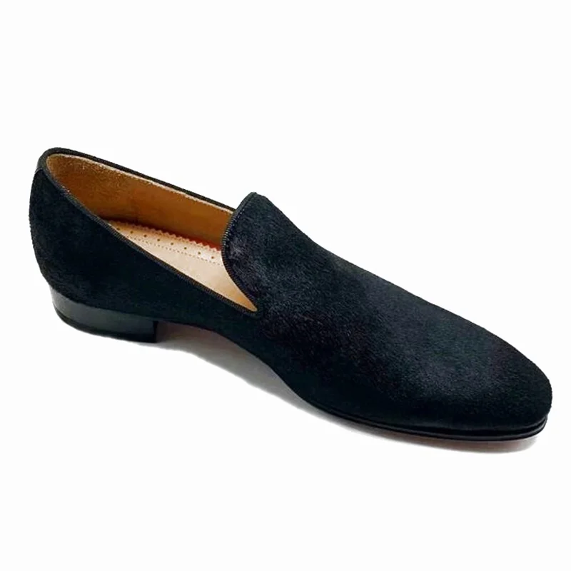 LOUBUTEN New Fashion Black Horsehair Leather Loafers Handmade Luxury Dress Shoes Mens Flats Party Wedding Office Shoes Men