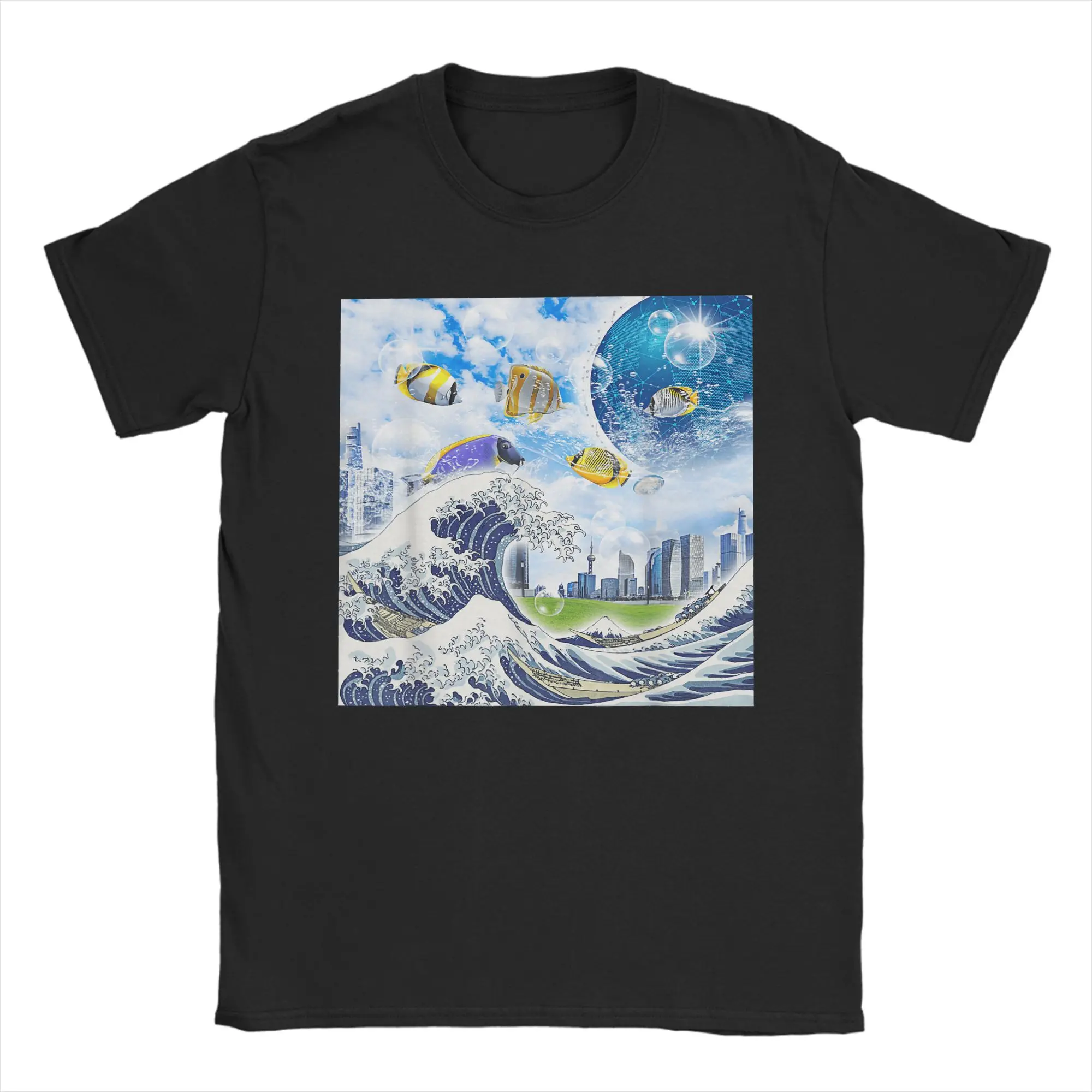 Frutiger ايرو الجمالية التكنولوجيا موجة كبيرة من كاناغاوا الأسماك تي شيرت الرجال س الرقبة القطن تي شيرت قصيرة الأكمام تي شيرت الملابس #1