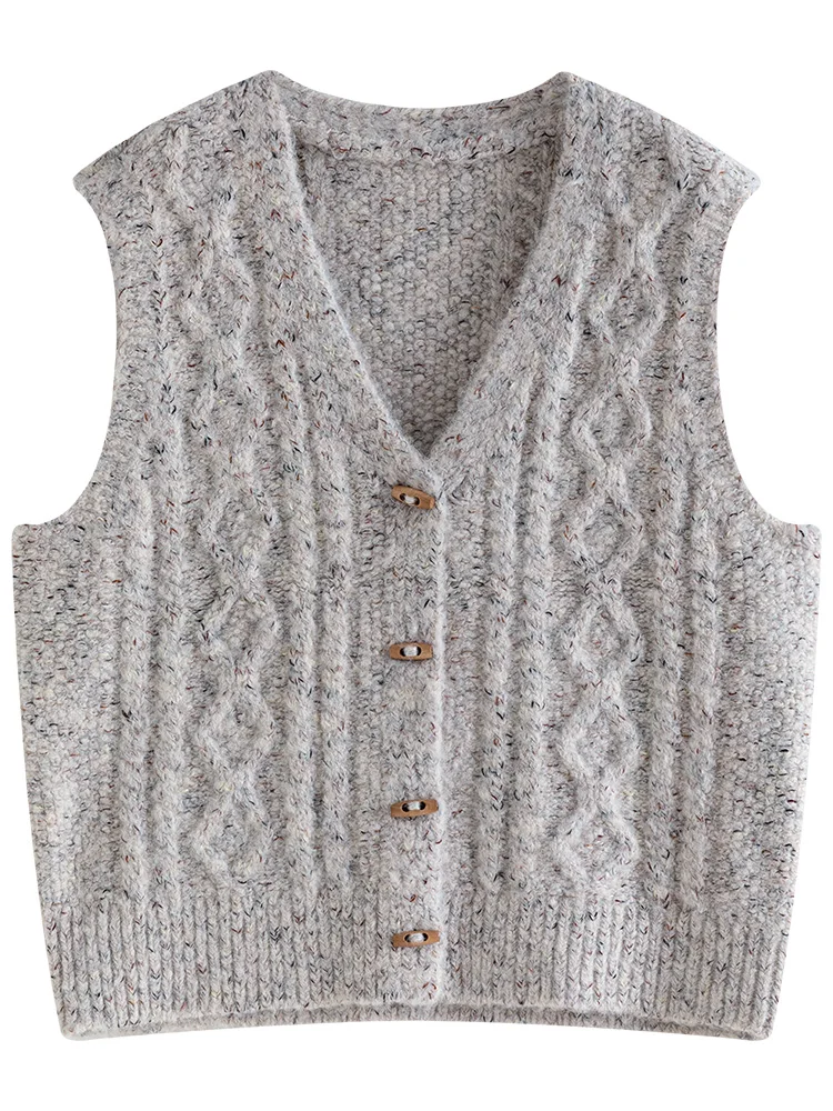 FSLE College Style Knitted Vest Women\'s Autumn Winter 2023 New Horn Button Sweater Tank Tops For Women Office Lady Casual