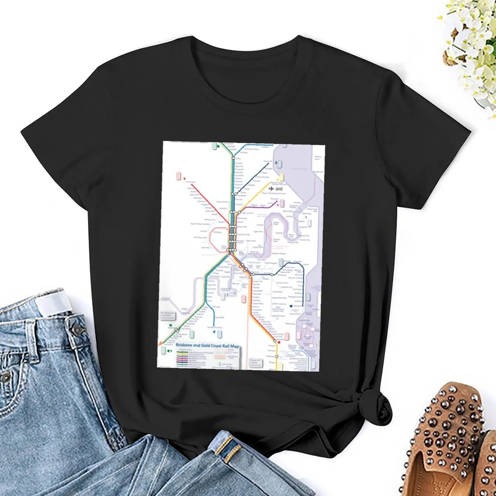 ライオンと金の海岸の列車とバスの地図が付いた女性用Tシャツ,大きいサイズ,夏,アニメの服