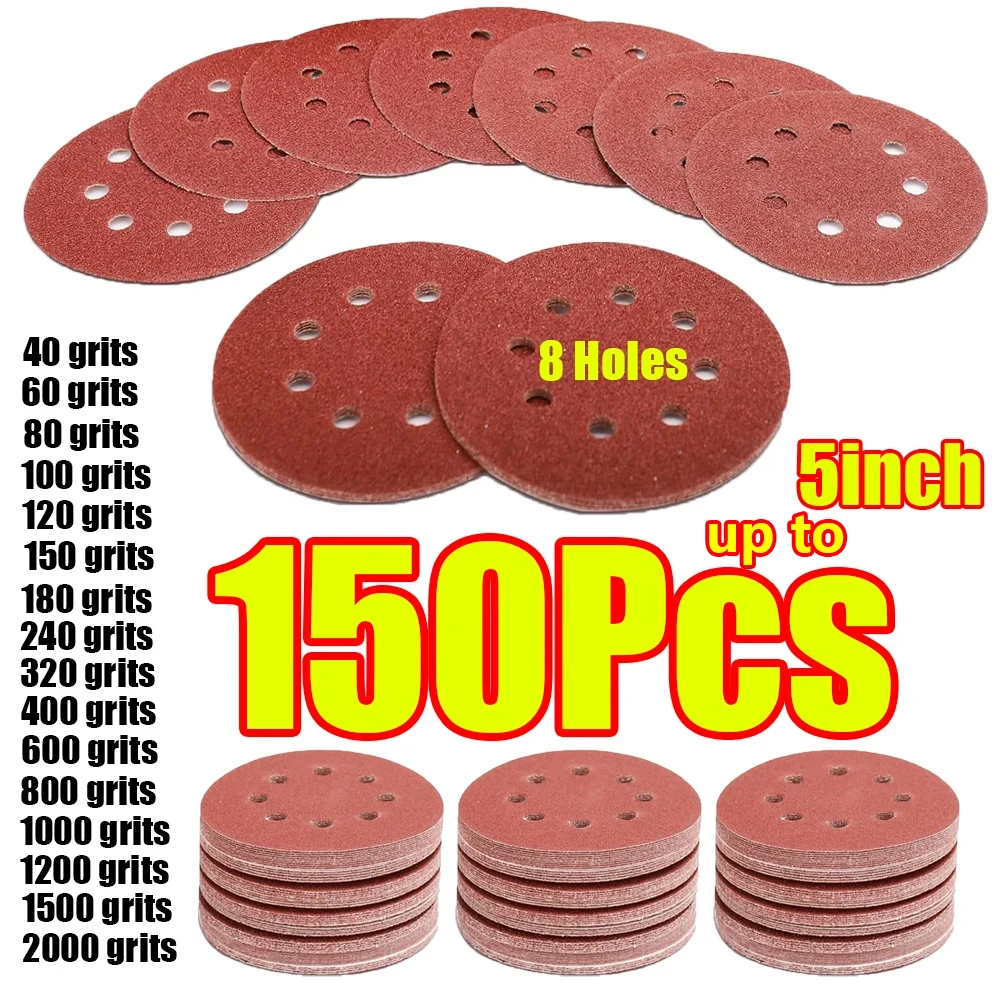 1-150Pcs 125mm 8 Hole Sandpaper 5