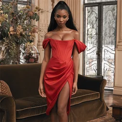 Elegant Satin Women's Prom Dress Robes Sexy Off Shoulder Sleeveless Side Split Sheath Casual Daily Knee Length Party Gown